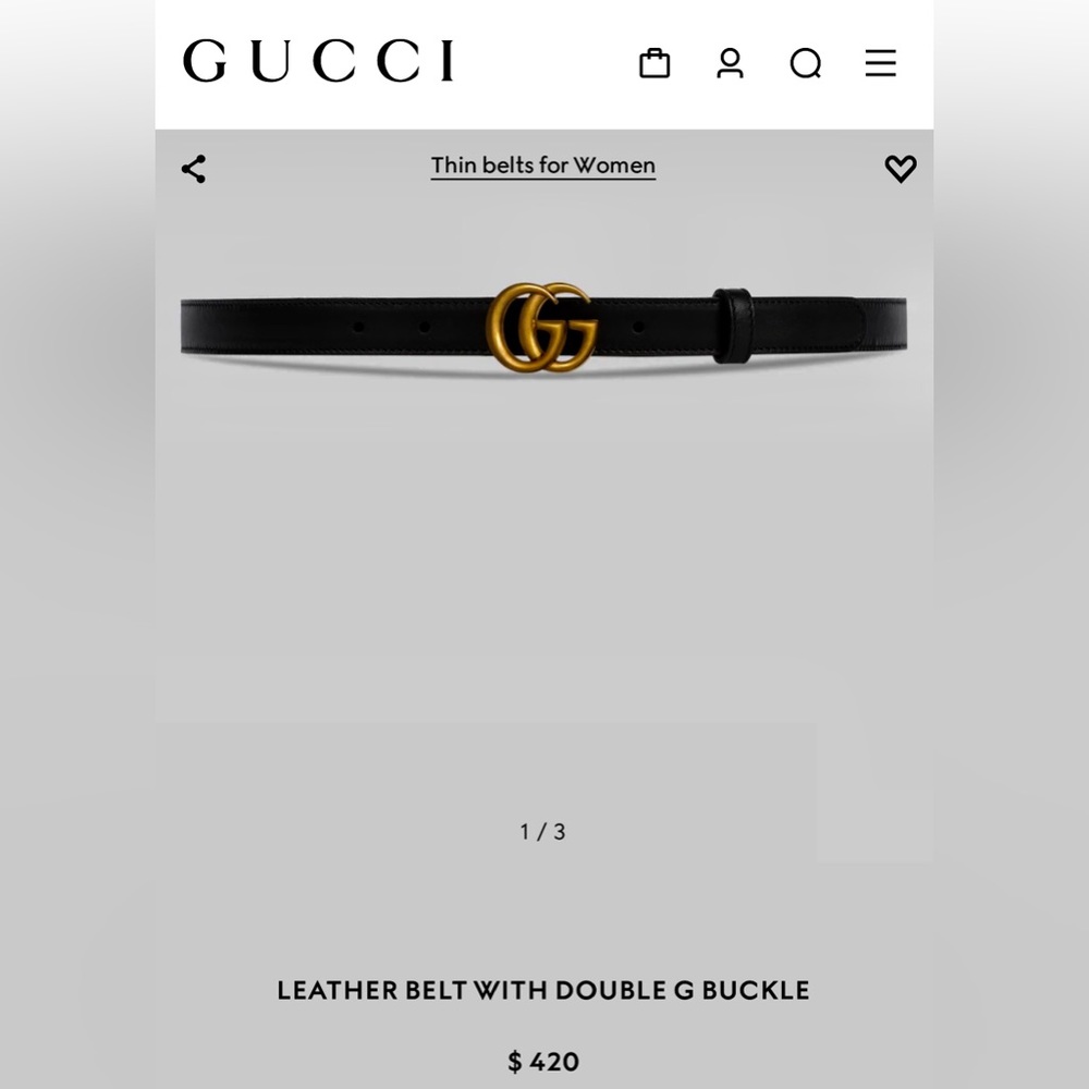 Gucci 409417 AP00T Slim Black Leather Belt w/ Antique Brass Double G Buckle ~
